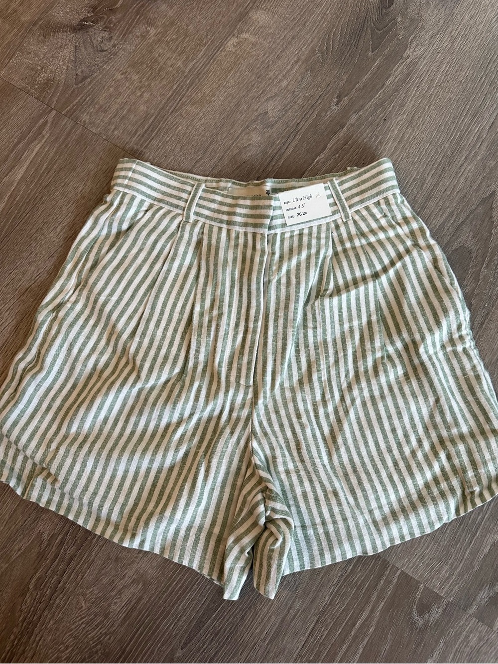 Abercrombie & Fitch Green and Cream Striped High-Rise Shorts